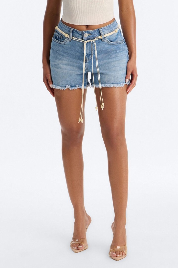 Indio Valley Belted Cut Off Denim Shorts - Medium Wash