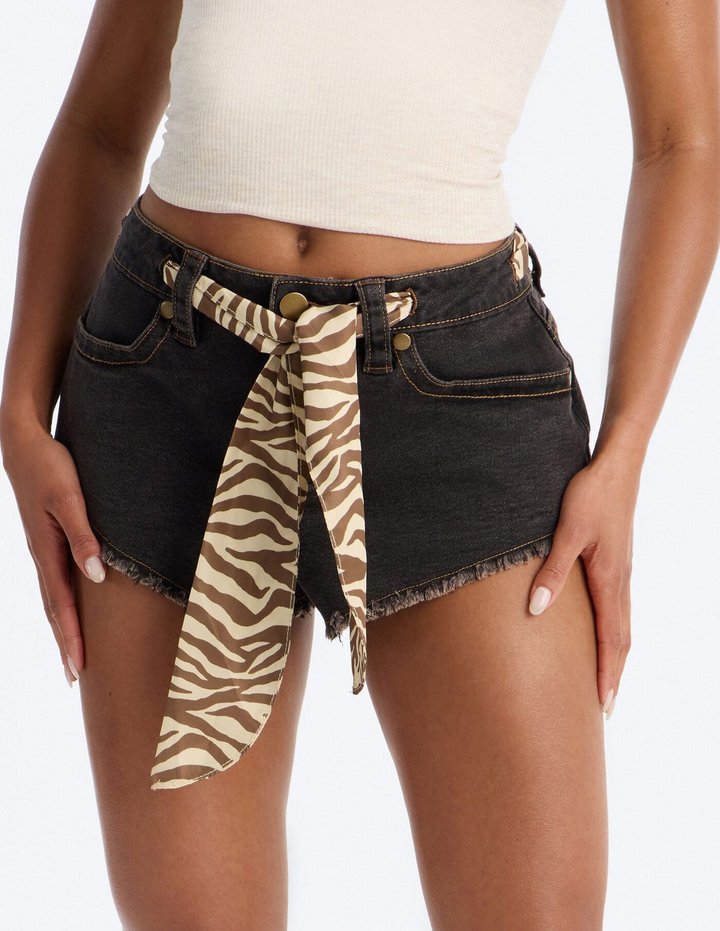 In Another Life Scarf Belted Cut Off Denim Shorts - Black Wash