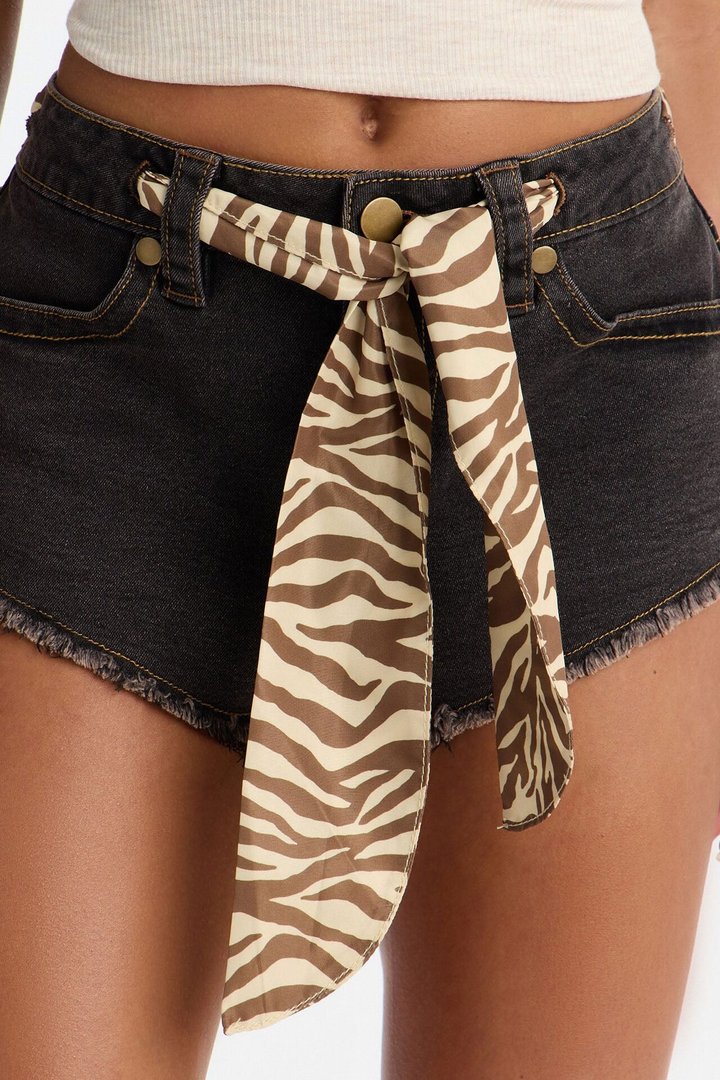 In Another Life Scarf Belted Cut Off Denim Shorts - Black Wash