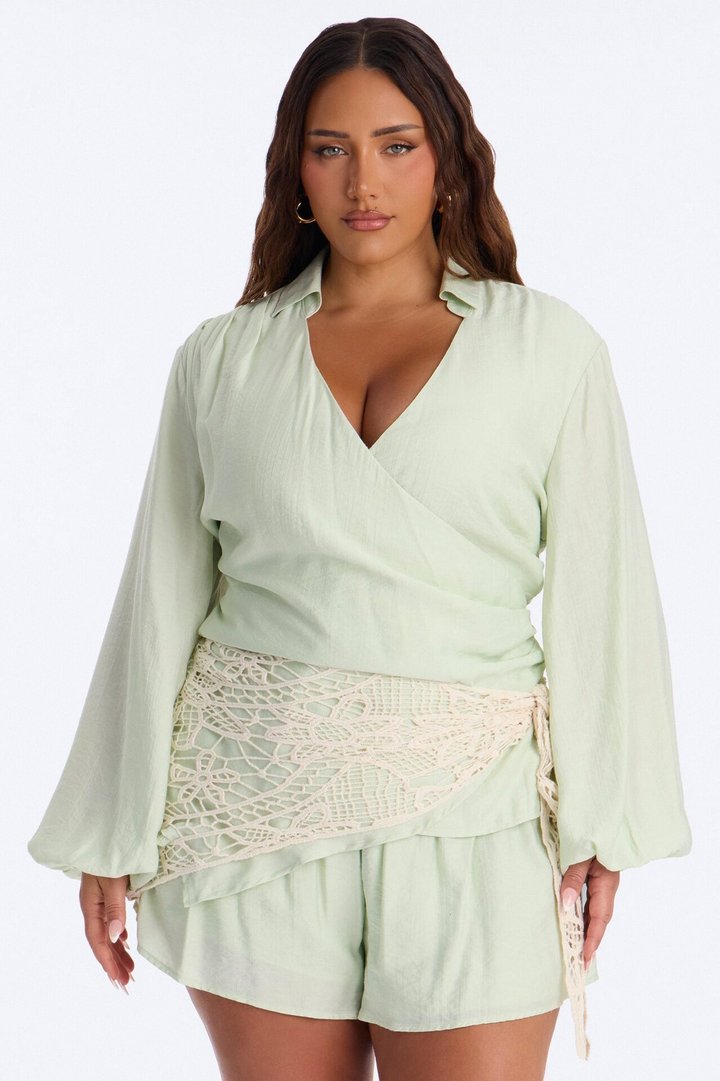 Yolanda 3 Piece Crochet Wrap Short Set - Sage