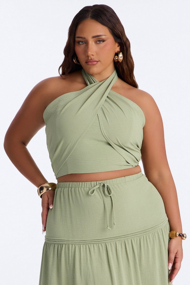 Subtle Attraction Halter Maxi Skirt Set - Sage