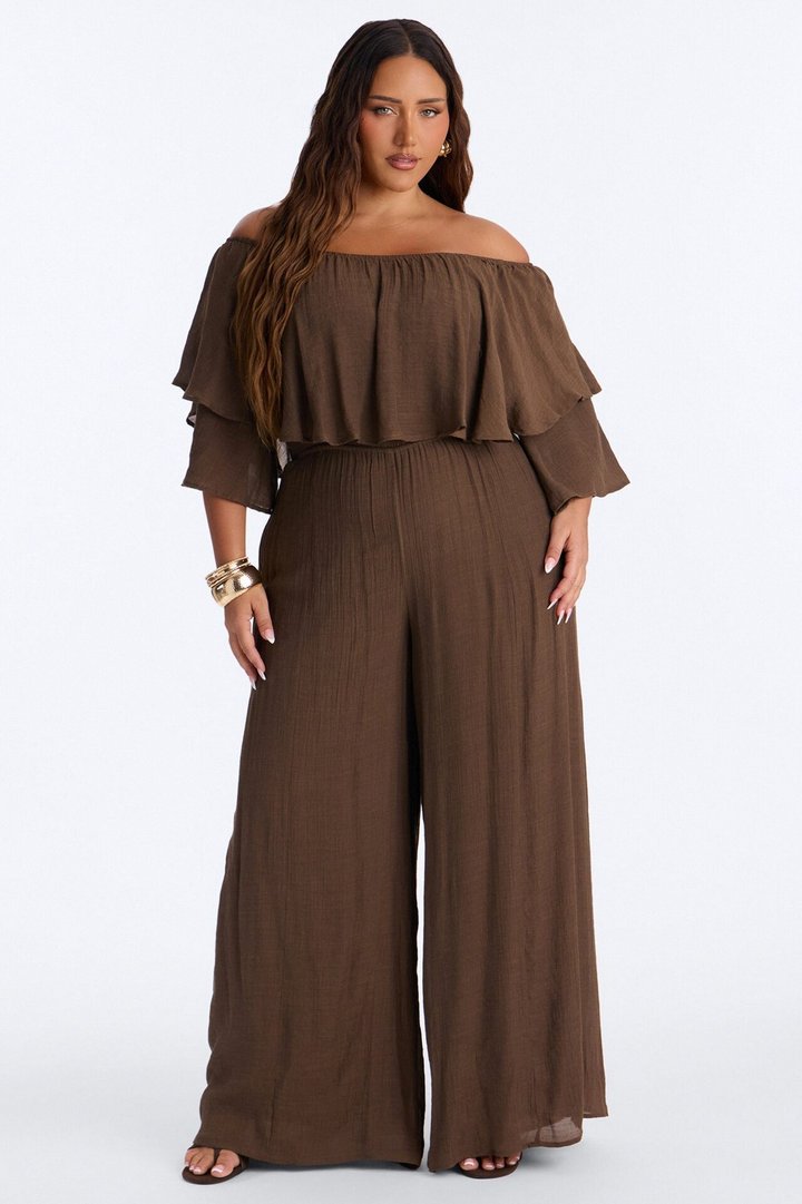 Off To Brunch Ruffle Wide Leg Jumpsuit - Chocolate