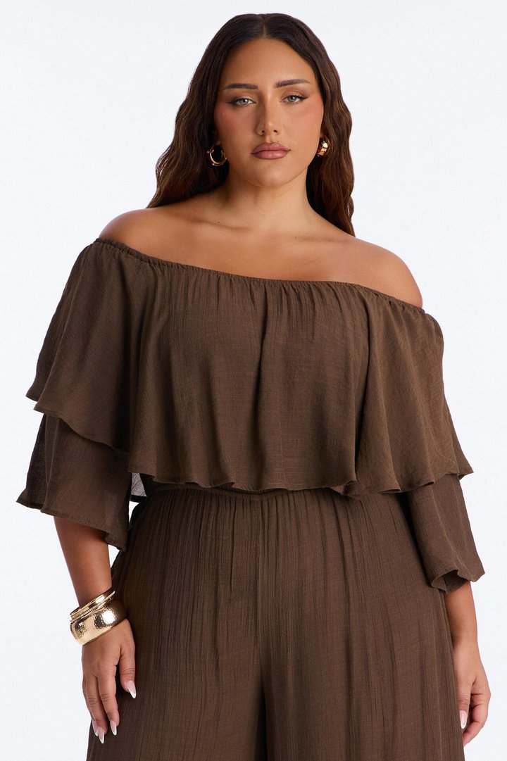 Off To Brunch Ruffle Wide Leg Jumpsuit - Chocolate