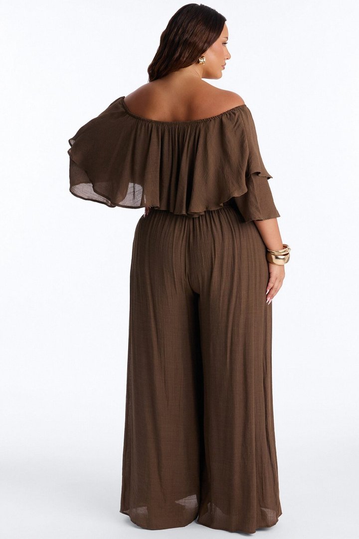 Off To Brunch Ruffle Wide Leg Jumpsuit - Chocolate