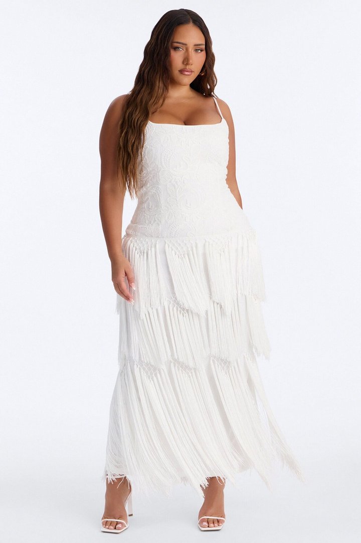 Elsa Fringe Lace Maxi Dress - White