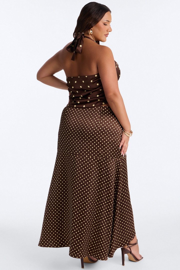Date Night Polka Dot Satin Skirt Set - Chocolate