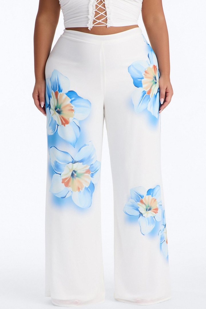 Kelly High Rise Floral Print Wide Leg Pant - White/combo