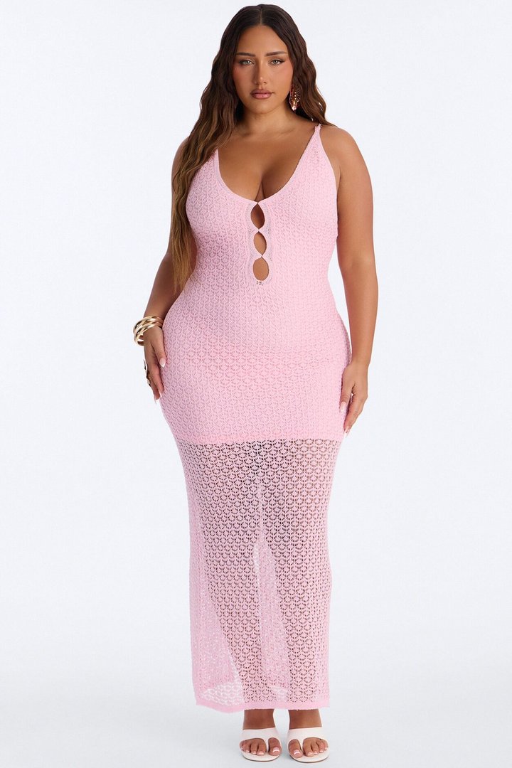 Ocean View Sheer Crochet Maxi Dress - Pink