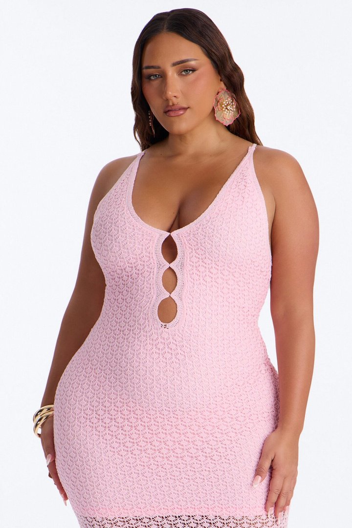 Ocean View Sheer Crochet Maxi Dress - Pink