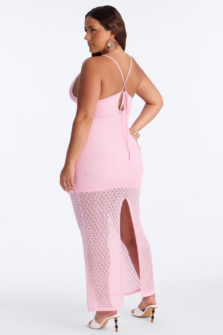 Ocean View Sheer Crochet Maxi Dress - Pink