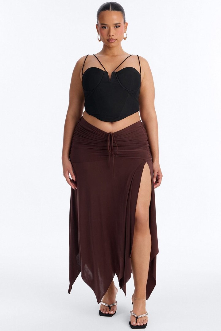 Miranda Low Rise Ruched Flowy Midi Skirt - Brown