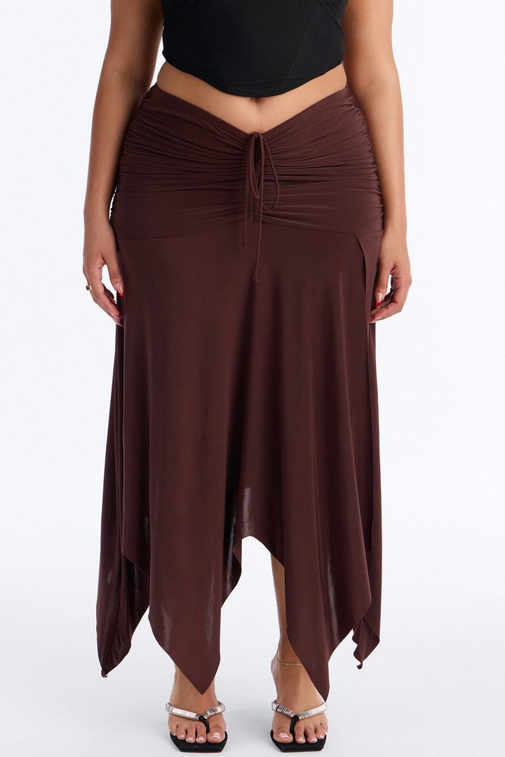 Miranda Low Rise Ruched Flowy Midi Skirt - Brown