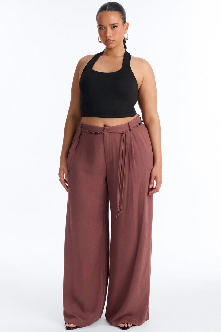 Summer Belted Textured Wide Leg Trouser - Brown
