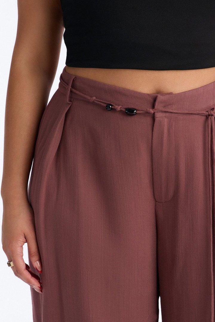Summer Belted Textured Wide Leg Trouser - Brown