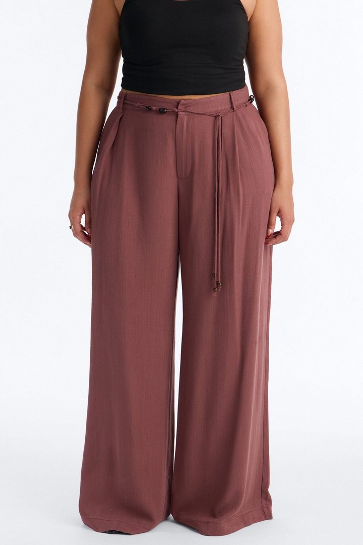 Summer Belted Textured Wide Leg Trouser - Brown