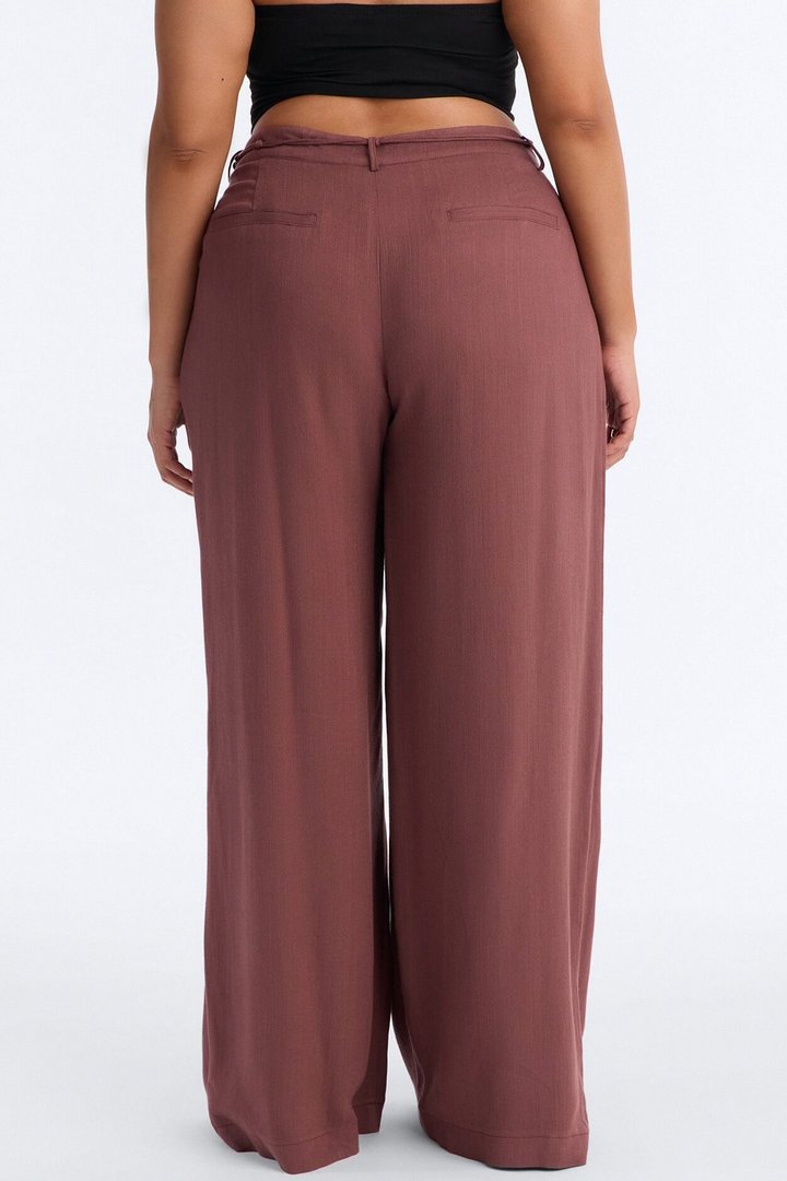 Summer Belted Textured Wide Leg Trouser - Brown