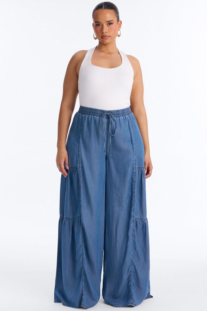 Best View Chambray Tiered Wide Leg Pant 33″ - Medium Wash