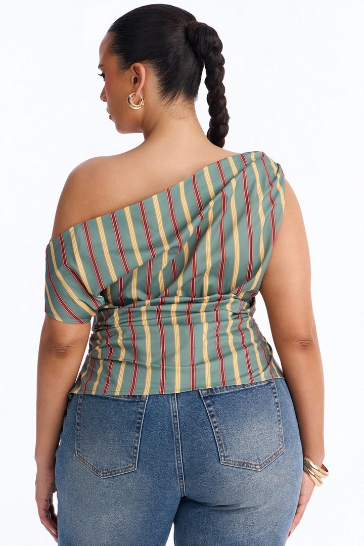 Set The Tone One Shoulder Striped Top - Green/combo