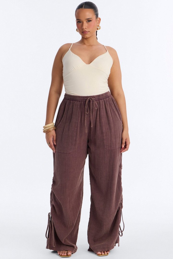 Kayla Mid Rise Washed Gauze Wide Leg Pant - Brown