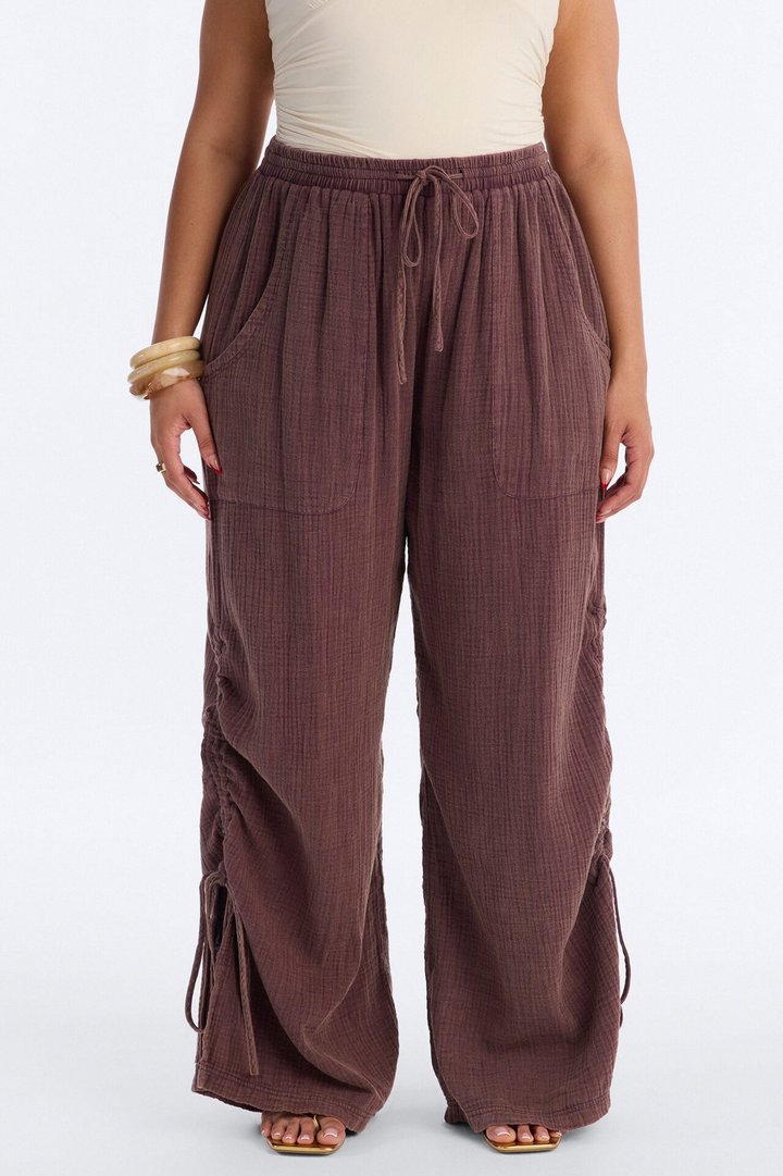 Kayla Mid Rise Washed Gauze Wide Leg Pant - Brown