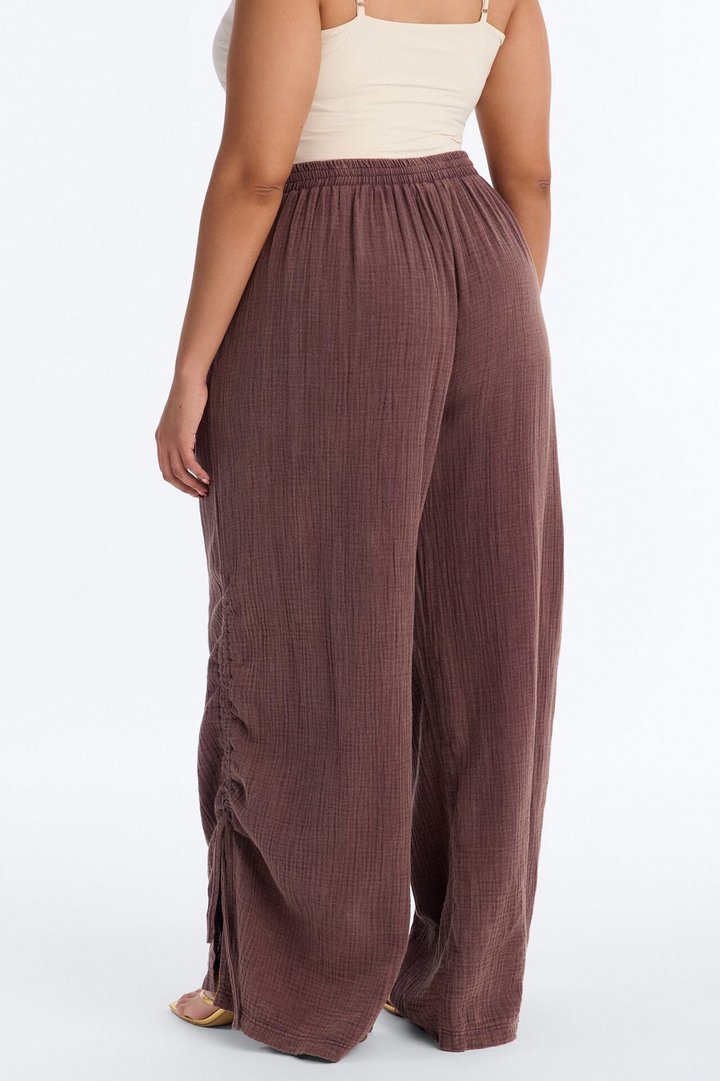 Kayla Mid Rise Washed Gauze Wide Leg Pant - Brown