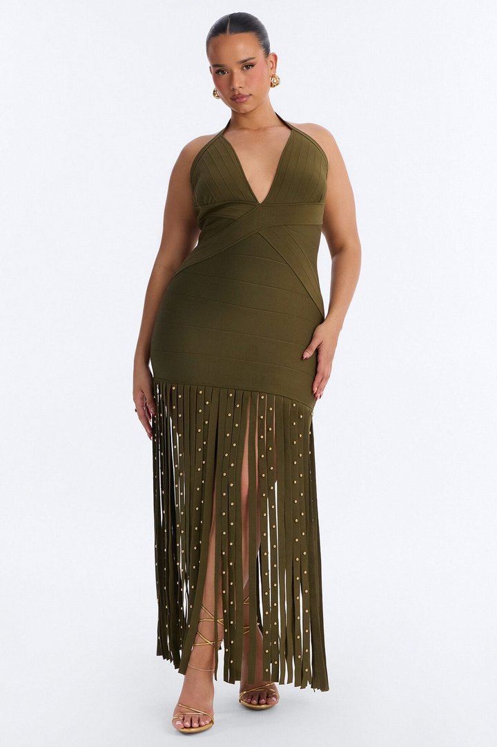 Valeria Bandage Fringe Maxi Dress - Olive