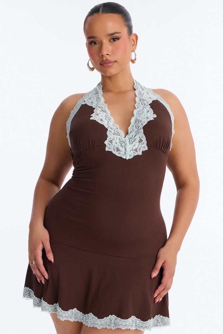 Andi Lace Trim Halter Mini Dress - Chocolate/Combo
