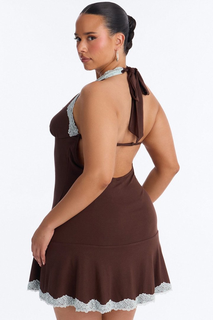 Andi Lace Trim Halter Mini Dress - Chocolate/Combo