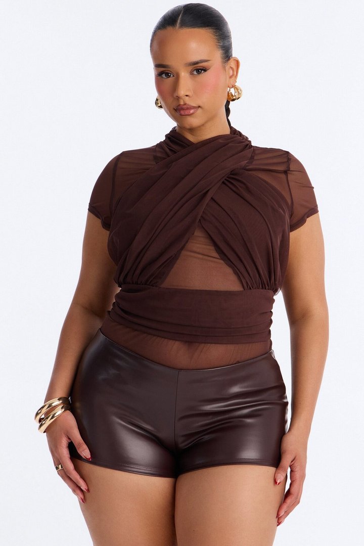 Serena Short Sleeve Mesh Bodysuit - Chocolate
