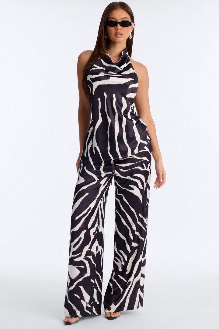 Safari Sunsets Satin Zebra Halter Top - Brown Combo