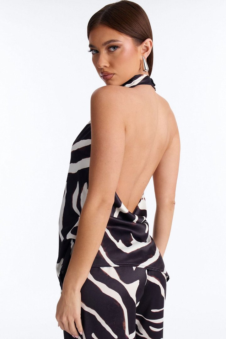 Safari Sunsets Satin Zebra Halter Top - Brown Combo