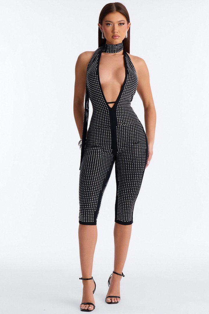 Nelly Embellished Plunge Catsuit - Black