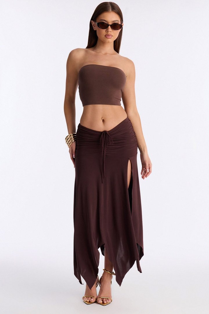 Miranda Low Rise Ruched Flowy Midi Skirt - Brown