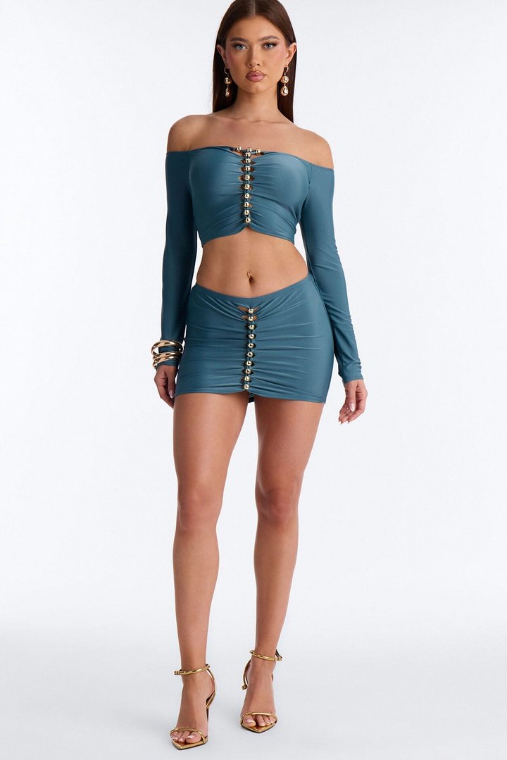 Bad & Beaded Off Shoulder Skirt Set - Teal