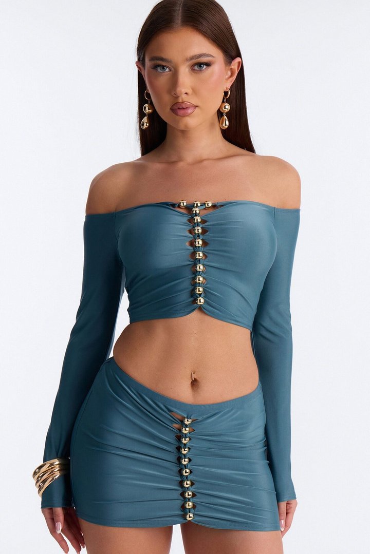 Bad & Beaded Off Shoulder Skirt Set - Teal