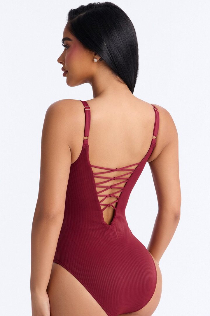 Sandy Hair Ribbed 1 Piece Swimsuit - Burgundy