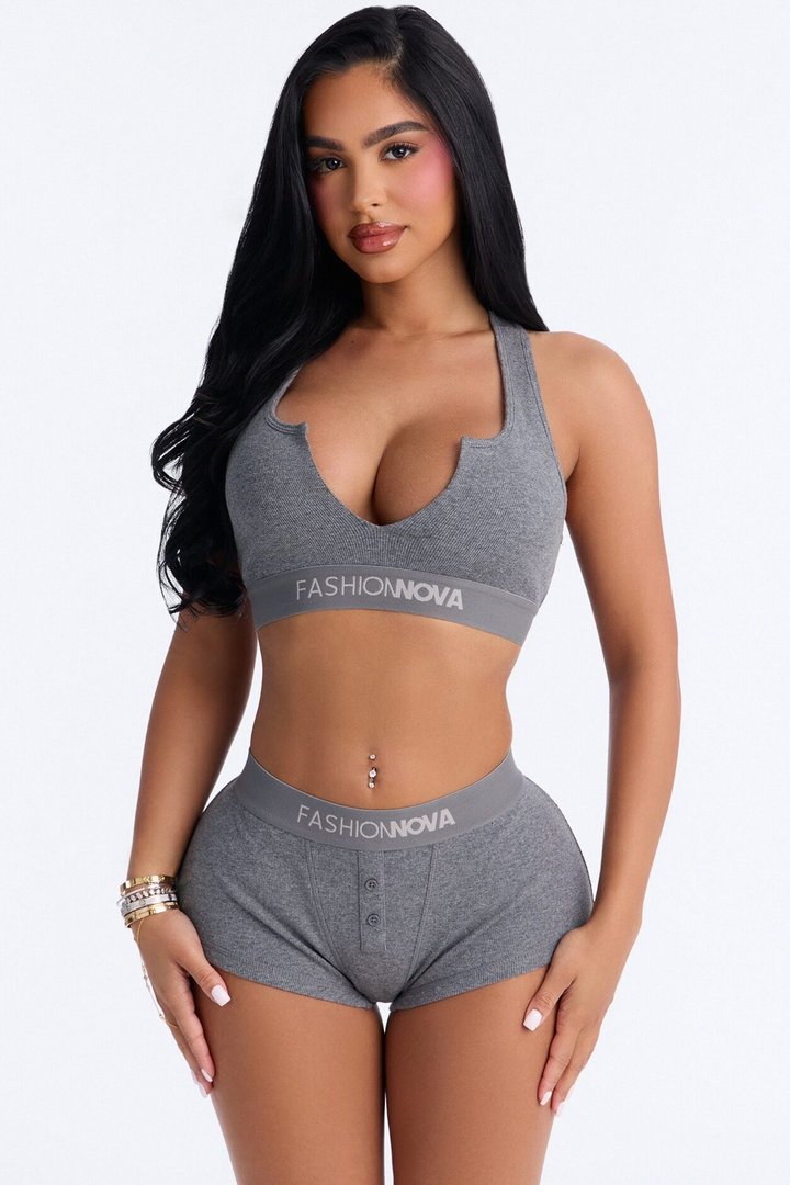 FN Mood Cotton Bralette Boxer Short Ribbed Set - Charcoal