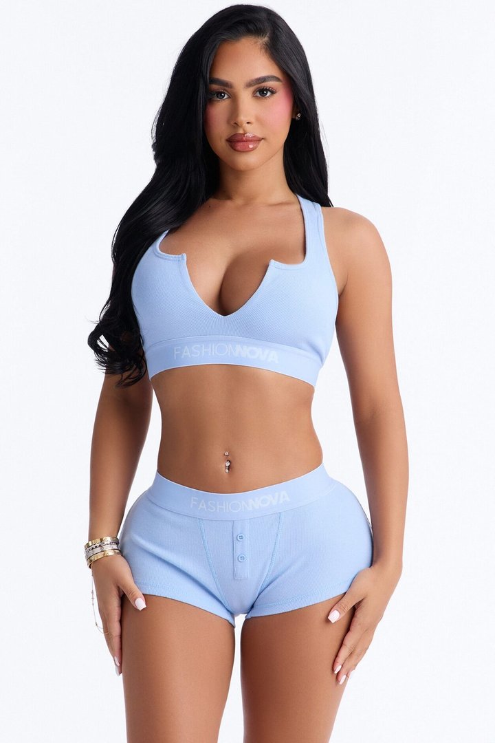 FN Mood Cotton Bralette Boxer Short Ribbed Set - Light Blue