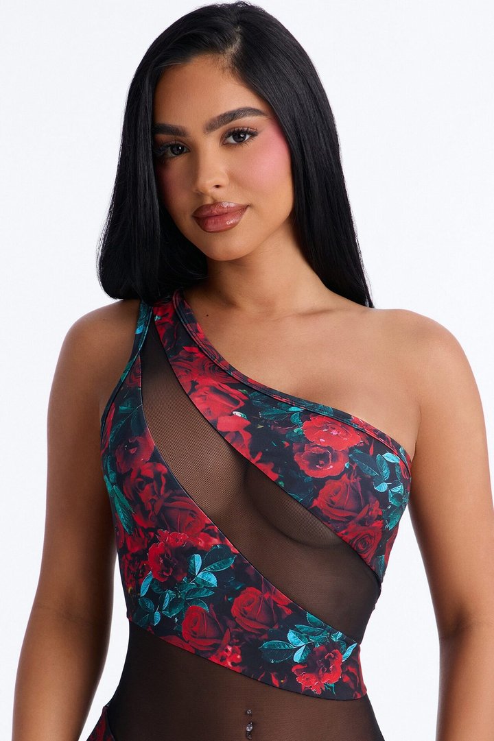 By The Coast Roses Mesh Cut Out One Shoulder 1 Piece Swimsuit - Red/combo