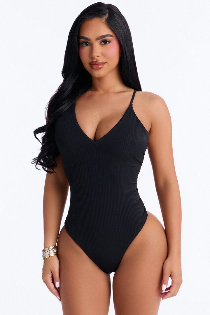 Quick Dip Side Cut Out Strappy Ribbed 1 Piece Swimsuit - Black