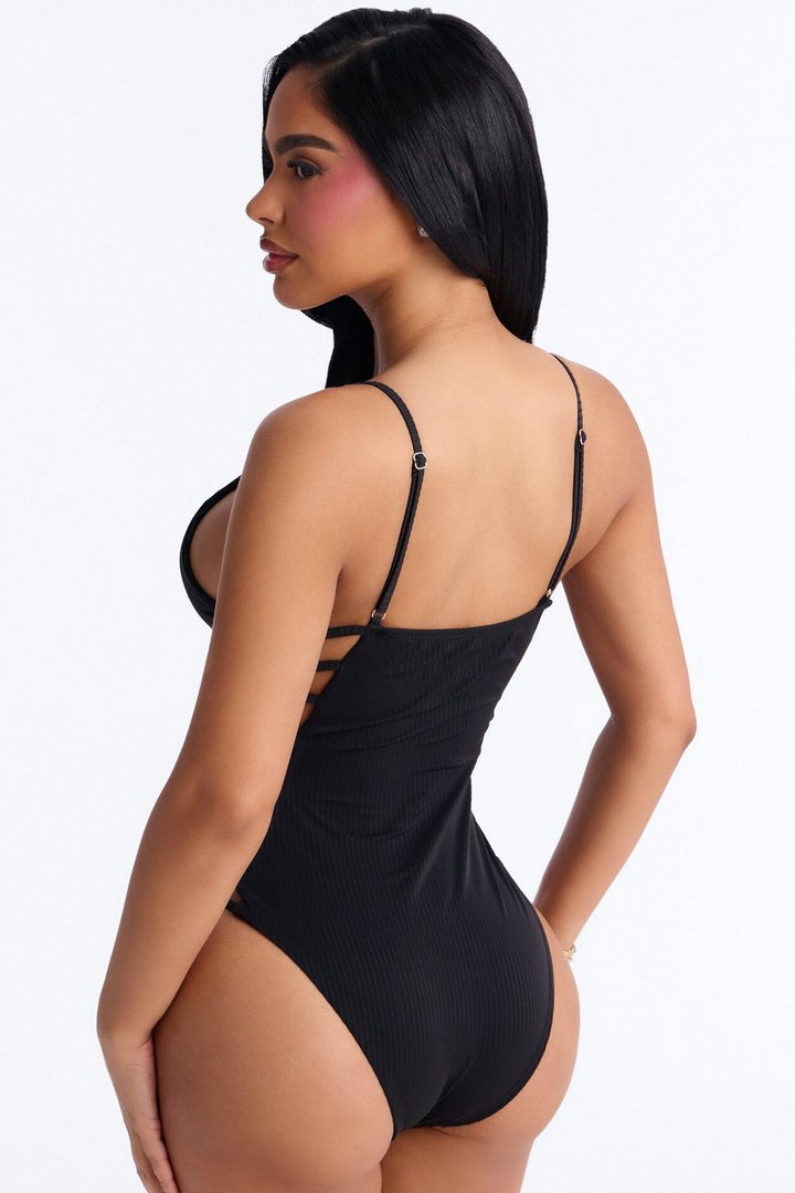Quick Dip Side Cut Out Strappy Ribbed 1 Piece Swimsuit - Black