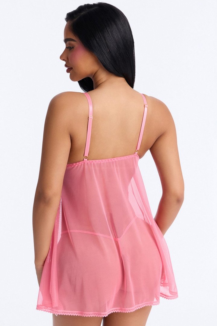 Pace Yourself Sheer Flyaway Layered Lace Cups Babydoll - Pink