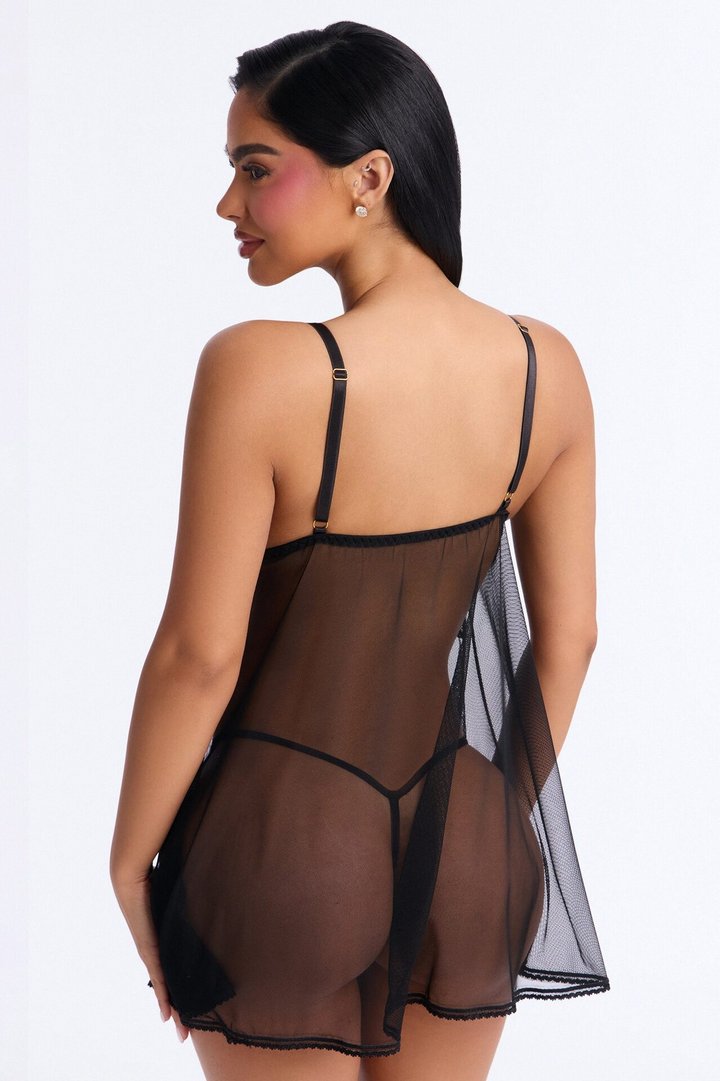 Pace Yourself Sheer Flyaway Layered Lace Cups Babydoll - Black