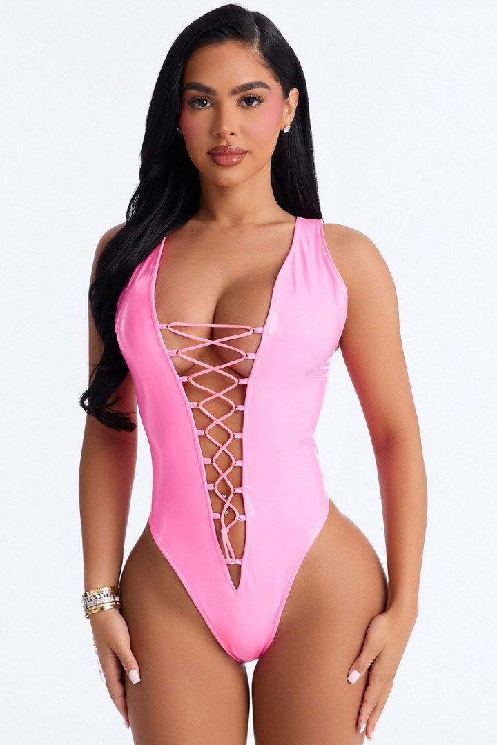 Wet Look Kink Stretch Lace Up Thong Bodysuit - Pink
