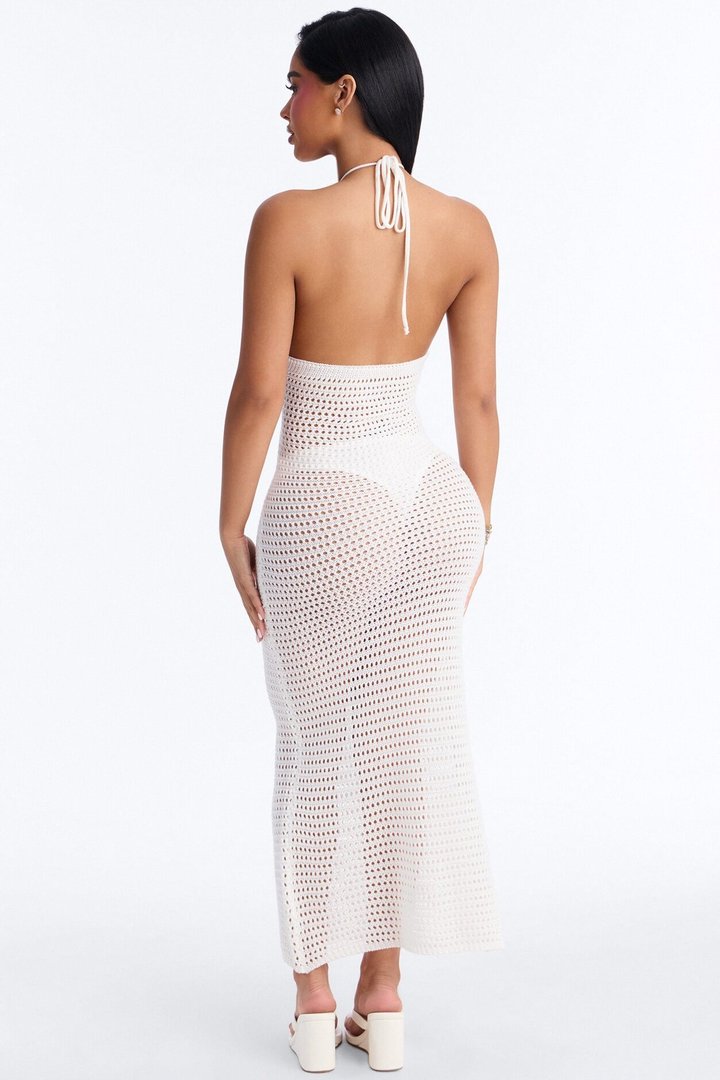 Scarlett Crochet Swim Cover Up Halter Midi Dress - White