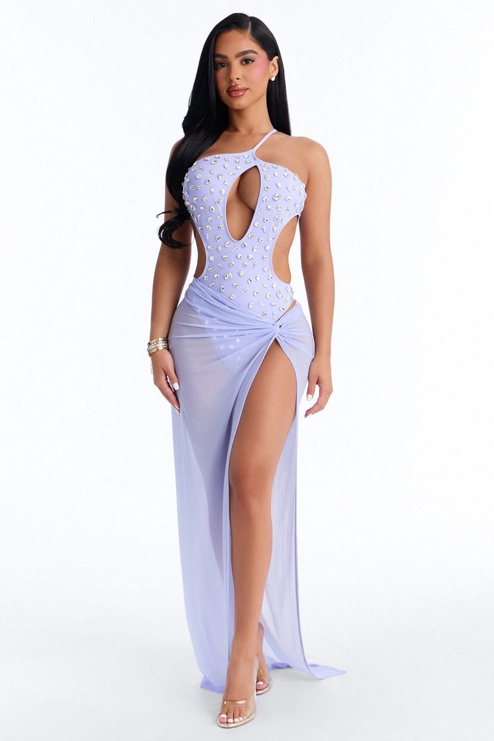 Your Treasure Embellished 1 Piece Swimsuit & Skirt - Lavender