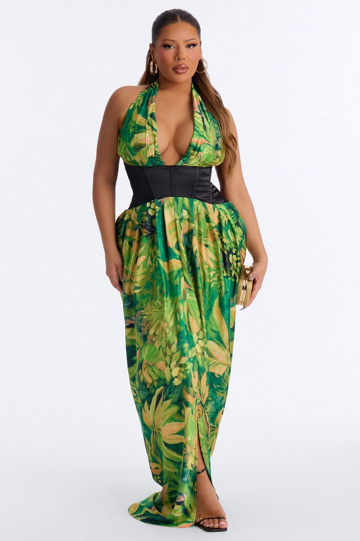 Samara Corset Satin Maxi Dress - Green/combo