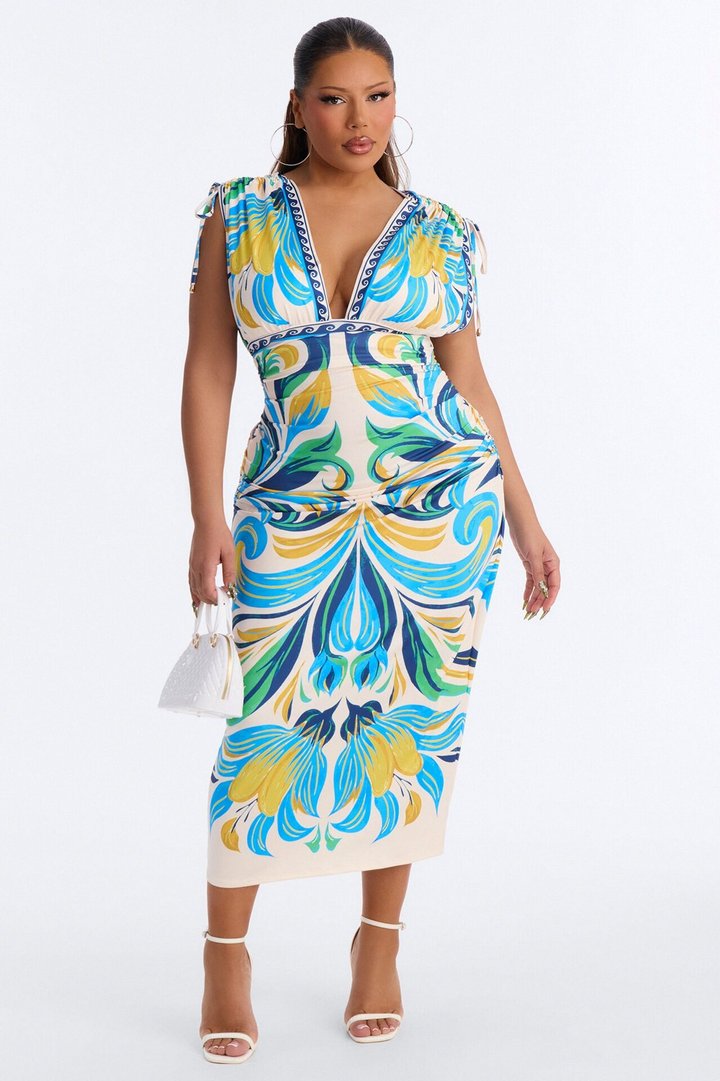 Alina Printed Ruched Midi Dress - Blue/combo