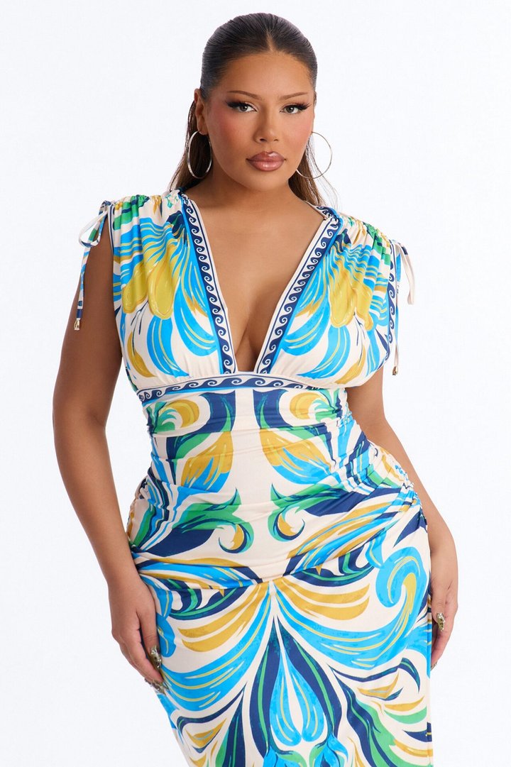 Alina Printed Ruched Midi Dress - Blue/combo