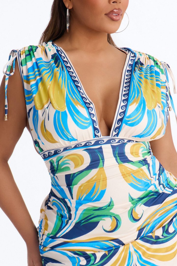 Alina Printed Ruched Midi Dress - Blue/combo